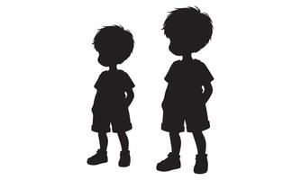 Two silhouettes of two children standing in front of a white background vector