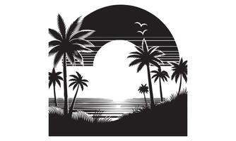 A black and white illustration of palm trees and the ocean vector