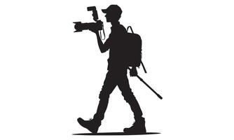 A silhouette of a man with a camera and backpack vector
