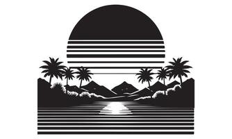 A black and white logo with palm trees and mountains vector