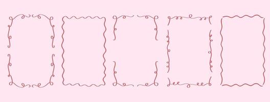 Set of drawing pink wavy elegant outline frame. Abstract curve whimsical border. Vertical border frame card vector
