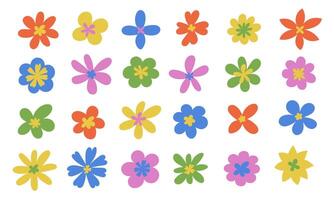 Groovy set of simple drawn flowers. Hippie stickers. Modern abstract multicolor flower. Vintage decorative design element. vector