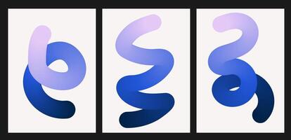 Set of posters with abstract gradient blend swirl line. Vertical background with blue wavy line. Gradient 3d blend stroke vector