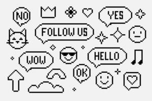 Set of pixelated outline sticker ikon. Pixel 8 bit elements. Black speech bubbles with text. Emoticon with face and cat, stars shape on white background vector