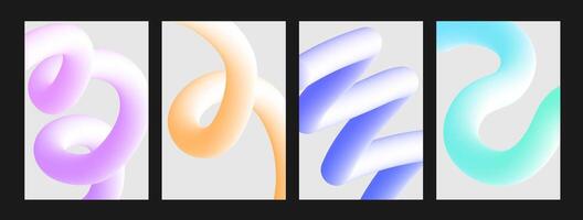 Set of poster with white abstract multicolor curve gradient line. Gradient 3d blend color stroke. Background motion twisted liquid line shape vector