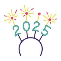 2025 new year celebration. Hairband with sparklers in cartoon flat style design element. vector
