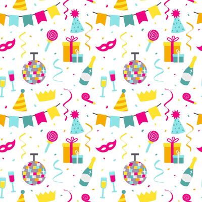 Seamless pattern with party decoration elements in cartoon flat style on white background.