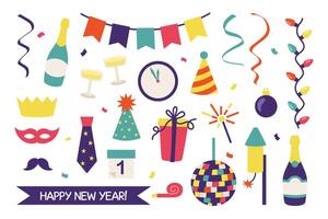 New year party set of elements in cartoon flat style vector