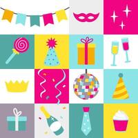 Bright colorful cute geometric seamless pattern with party decoration elements in cartoon flat style vector