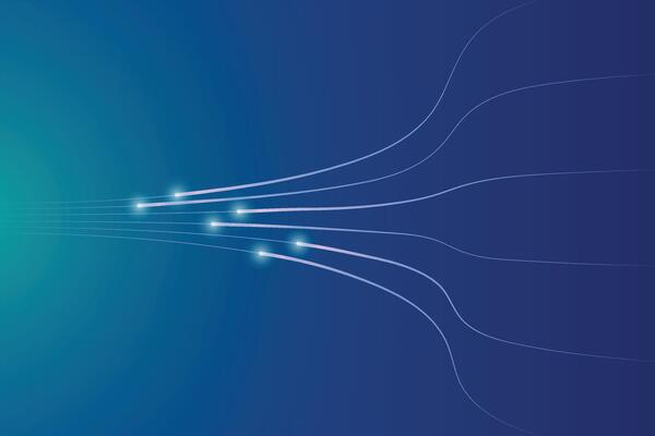 Quiet blue space with cyber light trails. Circuit line technology digital on a blue background. Internet network connection, speed transfer data communication, cyber nano information.