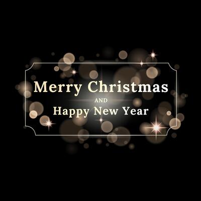 Merry Christmas and Happy New Year Abstract shiny gold vintage frame design with sparkling and golden bokeh light, black background.Luxury Xmas templates party banner.Festive composition.