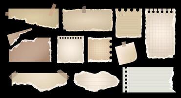 Vintage Ripped paper notes set. Torn old paper notebook sheets with tape. Trendy elements for collage and scrapbooking collection isolated on black background. Retro stickers rip notepaper. vector