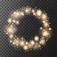 Glowing Light circle with light particles and stars round frame. A golden bokeh and flashes in a luminous ring.Glowing golden circle frame for Christmas design. illustration vector