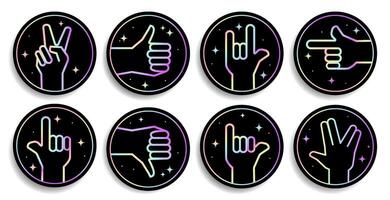 Hologram stickers signs icons with finger and hand gestures set. Hand gestures pointer, ok, like, rocknroll, shaka, victory, two fingers up signs emblems set with holographic training effect. vector