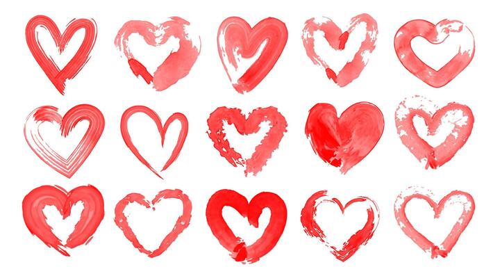 Hearts symbols icons watercolor brush drawing set isolated on white background.Hand-drawn various grunge hearts stickers badges emblems logo designs. Wedding or Valentine's design elements. .