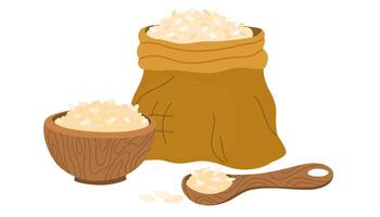 Rice sack and Rice in bowl. Bag of rice with spatula. Grain harvest in open package. illustration of basmati packaging design element. vector