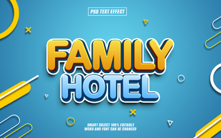3D text effect for the words Family Hotel in a blue and yellow color scheme. psd