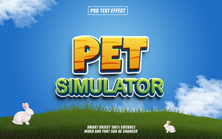 Pet Simulator 3D text effect design in green and yellow colors with a blue sky background. psd