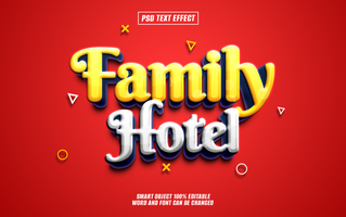 3D text effect of Family Hotel in yellow and white colors with a red background. psd