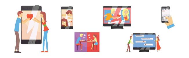 Man and Woman Meet in Dating App Send Message Set vector