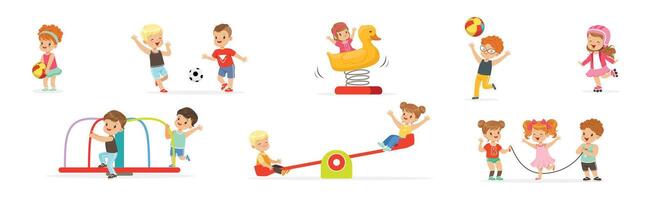 Funny Kids Playing at Playground and Have Fun Set vector