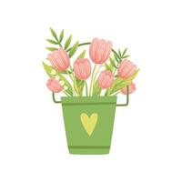 Bouquet of Pink Tulips in Green Bucket, Hello Spring Floral Design Template Illustration vector