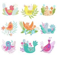 Cute Colorful Little Nesting Birds Set, Symbols of Spring Illustration vector