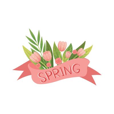 Bouquet of Pink Tulips with Ribbon, Hello Spring Floral Design Template Illustration