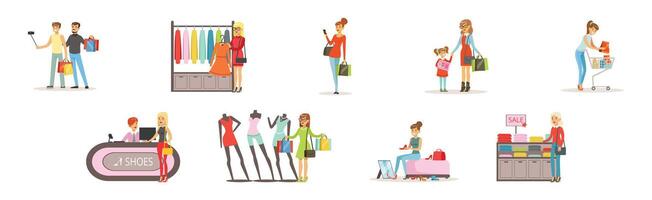 People Character Shopping at Store Make Purchase Set vector