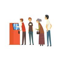 People Waiting in Line Queue to Draw Money from Automated Teller Machine, Man Getting Money Through Cash Dispenser, Banking service Illustration vector