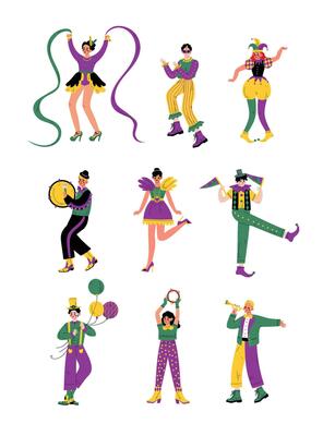 Circus Artists Set, Comedian Performer in Bright Colorful Costumes Performing at Show Illustration