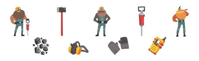 Mining Industry with Man Worker and Tool and Extracting Equipment Set vector