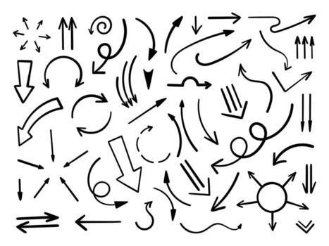 Hand drawn doodle arrows set. Different types of arrows in simple style vector