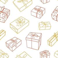 Gift boxes pattern in sketch style. Seamless background with gift boxes with bows. Illustration for greeting cards, invitations, posters, wrapping paper vector