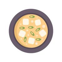 Steaming bowl of miso soup with tofu and scallions vector