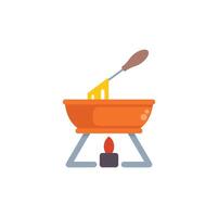 Cheese fondue pot melting on a portable stove with a fork holding melted cheese vector