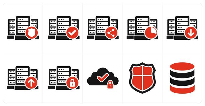 A set of 10 big data icons as server security, verified server, share drive data vector