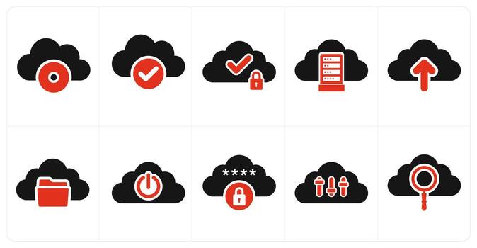 un conjunto de 10 grande datos íconos como nube desct, nube verificación, nube seguridad vector