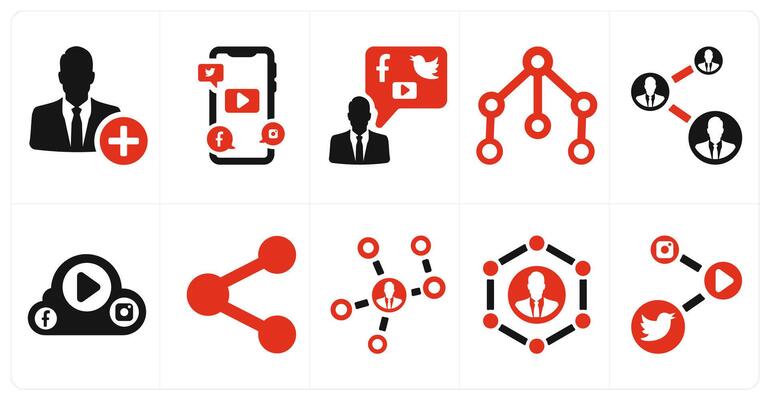 A set of 10 social icons as add user, social media, social media user account