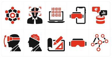 A set of 10 Virtual Reality icons as framework, head tracking, software vector