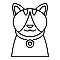 Cute cat wearing a collar with a round medallion, line art drawing vector