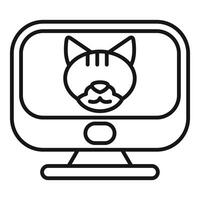 Cat face showing on desktop computer screen, online veterinary consultation vector