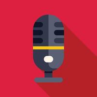Studio microphone broadcasting audio content with long shadow on red background vector