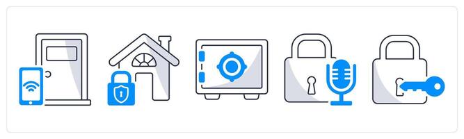 A set of 5 security icons as smart lock, home protection, crypto vault vector