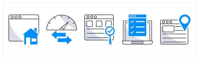 A set of 5 web design icons as home page, speed bandwidth, usability control vector