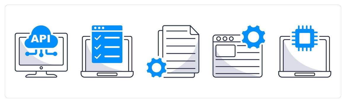 un conjunto de 5 5 web diseño íconos como api interfaz, pruebas características, contenido administrar vector