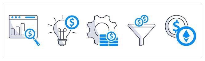 A set of 5 blockchain icons as financial data analytics, financial innovation, money management vector