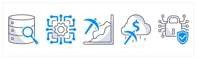 A set of 5 blockchain icons as big data analytics, technology, mining vector