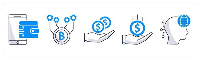 A set of 5 blockchain icons as digital wallet, bitcoin technology, pay off vector