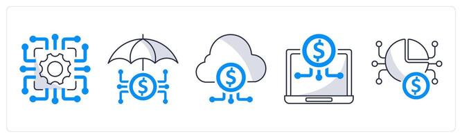 A set of 5 blockchain icons as technology, insuretech, fintech industry vector